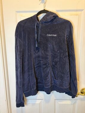 Calvin Klein Navy Velour Sleepwear Hoodie with Logo